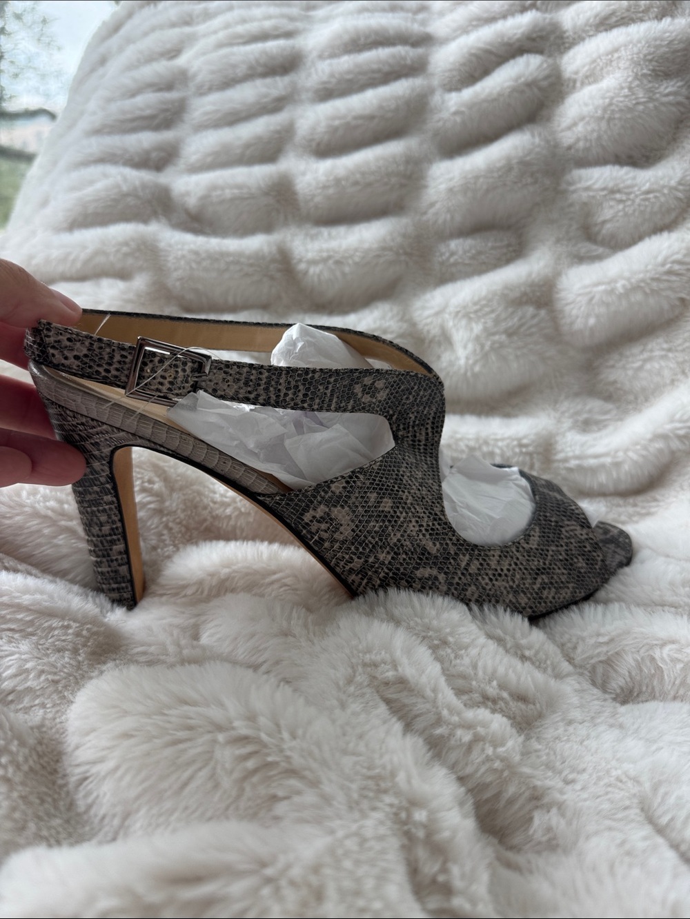 kate spade Snake-Print Slingback Heels in Black/Gray/Cream
